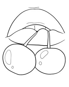 a drawing of two cherries with an umbrella over them on a white background coloring page