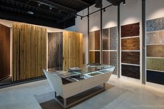 a room filled with lots of different types of wall coverings and wooden slats