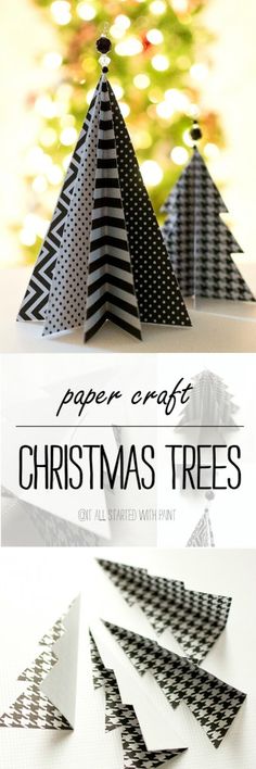 christmas tree made out of black and white paper with text overlay that reads paper crafts christmas trees