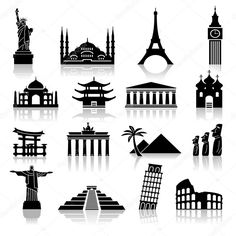 black and white silhouettes of famous places in the united states, including the statue of liberty