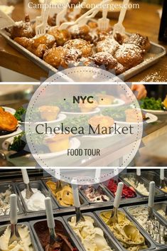 the chelsea market food tour is on display in front of other trays with different foods