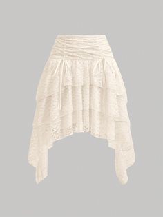 Apricot Casual,Boho Collar  Knitted Fabric Plain Asymmetrical,Layered/Tiered Embellished Non-Stretch  Women Clothing White Asymmetrical Skirt, White Layered Skirt Outfit, Concert Outfits Spring, Collage Clothes, Tool Skirt, Siren Costume, White Ruffle Skirt, Ruffled Skirts, Gothic Skirt