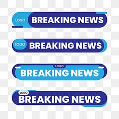 three blue and white breaking news stickers on a transparent background