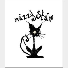 a black cat sitting on top of a white background with the words mazzy star above it