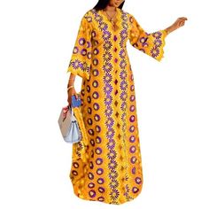 Package included: 1 Dress Material:95%Polyester + 5%Spandex Color: Yellow,Green,Orange Sleeve:Three Quarter Sleeve Pocket:No Size: M,L,XL,2XL,3XL,4XL,5XL Pattern:Printing Length: Full-Length Features:Pleating,V-Necked,A-Line,Pagoda Sleeve Style: Leisure,Girlish,All-Match,Casual Season: Spring,Autumn Occasion: Party,Holiday,Streetwear,Family,Appointment,Travel,Wedding Attention 1.Please check the detail sizes on the size chart image before you buy it! 2.Size may be 2cm/1 inch inaccuracy due to ha Festive V-neck Printed Dresses, Bohemian Non-stretch Long Maxi Dress, Fitted V-neck Bohemian Kaftan, Festive V-neck Maxi Dress With Floral Print, Yellow Printed Long Maxi Dress, Yellow Long Printed Maxi Dress, Yellow Floral Print Maxi Dress For Festival, Festive Printed V-neck Dress, Yellow Maxi Dress For Vacation