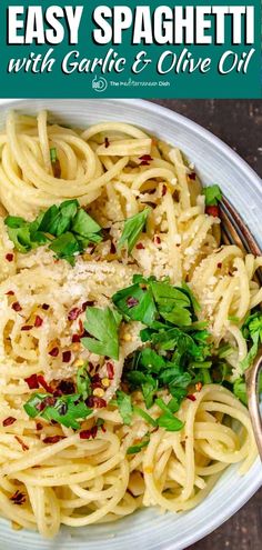 a plate of spaghetti with garlic and olive oil