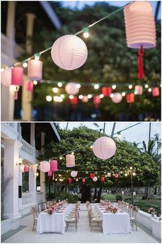 two pictures with paper lanterns hanging from the ceiling and tables covered in white tablecloths