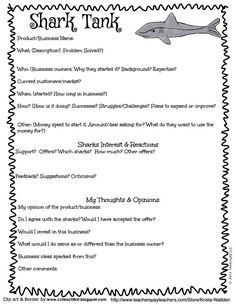 the shark tank worksheet is shown in black and white, with an image of a