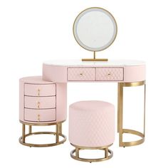 a pink vanity with two stools and a round mirror on the top one side