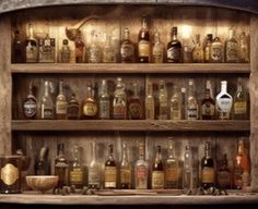 an old wooden shelf filled with lots of bottles