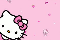 the hello kitty wallpaper is pink and has stars on it, as well as hearts