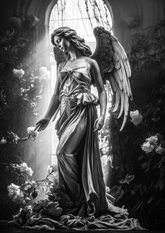 an angel statue is shown in black and white