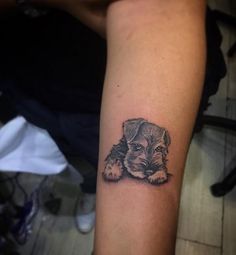 a small dog tattoo on the arm