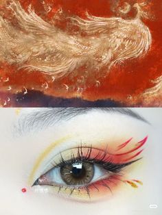 Kitsune Eye Makeup, Phoenix Eyes, Fire Eye Makeup Tutorial, Feathers On Face, Fox Inspired Makeup Look, Phoenix Inspired Makeup, Pheonix Cosplay, Phoenix Makeup, Phoenix Fashion