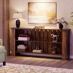 a living room scene with focus on the bookshelf and vases in the corner