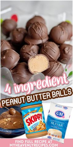 four ingredient peanut butter balls on a plate with candy in the background and text overlay that reads 4 ingredient peanut butter balls