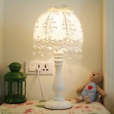 Pastoral Dome Night Table Lamp: White Lace Decor Perfect For Girls Bedroom Nightstand Cream Drapes, Night Table Lamps, Styl Shabby Chic, Led Desk Lighting, Nightstand Light, Light Girls, Style Shabby Chic, Nightstand Lamp, Table Lamp Wood