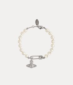 Lucrece Pearl Bracelet in PLATINUM-LIGHT-CREAMROSE-Pearl-WHITE-CZ | Vivienne Westwood® Vivienne Westwood Bracelet, Chris Sturniolo, Bracelets Design, Girly Jewelry, Jewelry Inspo, Dream Jewelry, Safety Pin, Natural Pearls, Vivienne Westwood