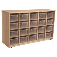 a wooden shelf with clear plastic bins on the bottom and two rows of drawers below