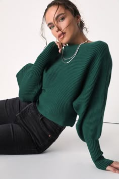 Keep your wardrobe stylish yet comfortable this winter season with a closet essential like the Lulus Classically Cozy Dark Green Ribbed Dolman Sleeve Cropped Sweater! This chic sweater is composed of stretchy midweight ribbed knit that shapes a pullover design and a boat neckline. Trendy dolman sleeves (with long fitted cuffs) frame the relaxed bodice that falls to a cute cropped hem. Fit: This garment fits true to size. Length: Size medium measures 16" from shoulder to hem. Bust: Great for any Green Longsleeves Outfit, Dark Green Top Outfit, Dark Green Sweater Outfit, Longsleeves Outfit, Green Sweater Outfit, Emerald Sweater, Green Top Outfit, Emerald Green Sweater, Beige Turtleneck