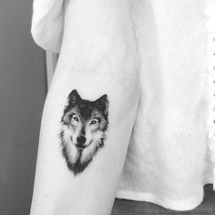 a small wolf tattoo on the arm