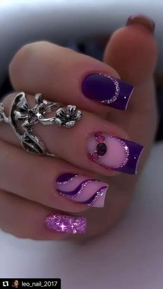 Violet Nails, Purple Glitter Nails, Fancy Nail Art, Purple Nail Art, Purple Nail Designs, Fancy Nails Designs, Nails Design With Rhinestones