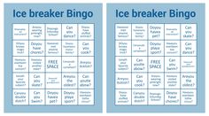 the ice breaker bingo game is shown in blue and white, with words on it