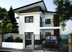 a car is parked in front of a white two story house with black railings