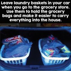 two laundry baskets in the back of a car with text about it's storage