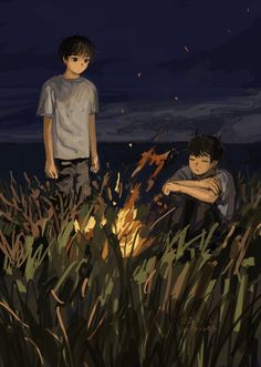 two young boys standing next to each other in tall grass with fire coming from the ground