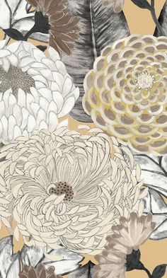 an illustration of flowers and leaves on a yellow background with black, brown, white and grey colors