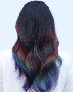 Dark Rainbow Hair, Rainbow Hair Highlights, Oil Slick Hair Color, Holographic Hair, Two Tone Hair, Rainbow Hair Color, Creative Hair Color