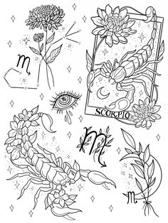 some flowers and zodiac signs are drawn in black ink on a white paper with diamonds