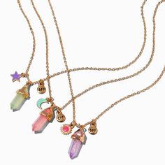 Show your besties that you love them to the moon and back with these amazing gold-tone necklaces. The set includes three mystical faux gem pendant necklaces in green, pink, and purple, each with a celestial charm and tiny "BFF" dangle.Pack Size: 3Finish: Gold-toneLength: 16 + 3 in. extender / 40.64 + 7.62 cm. extenderClosure: Lobster claspMaterial: Metal, Plastic - Claire's Best Friends Mystical Gem Celestial Pendant Necklaces - 3 Pack Bff Necklaces For 5, Trio Friendship Necklace, Bff Necklaces For Three, Friendship Necklaces For 3 Friends, Trio Accessories, Eyestrain Art, Necklaces For Girls, Kids Jewellery, Celestial Pendant