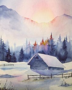 a watercolor painting of a snowy landscape with trees and a barn in the foreground