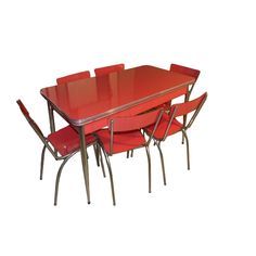 a red table with six chairs around it