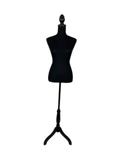 a mannequin on a black stand with a white background