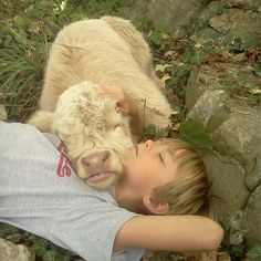 a young boy laying on the ground next to a baby goat with it's head on his shoulder