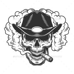 Skull in Smoke Cloud - Miscellaneous Vectors Cool Skull Drawings, Hat Tattoo, Cowboy Tattoos, Kunst Tattoos, Cloud Vector