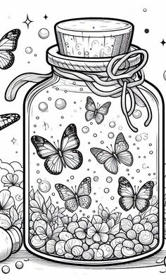 a jar filled with butterflies and rocks