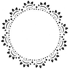 a black and white circular frame with leaves on the bottom, surrounded by small dots