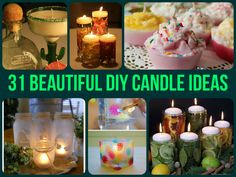 there are many different candles and jars in this collage with the words 31 beautiful diy candle ideas