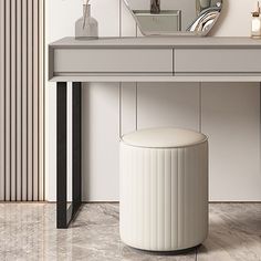 a bathroom vanity with a stool and mirror on the wall next to it is shown