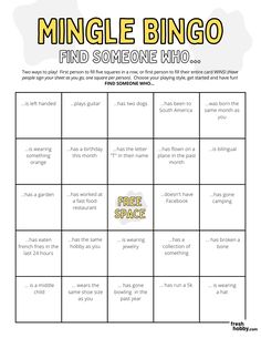 a printable game for kids to play with the words,'mingle bingo find