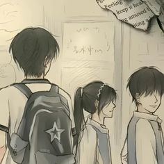 three people standing in front of a wall with writing on it and one person wearing a backpack