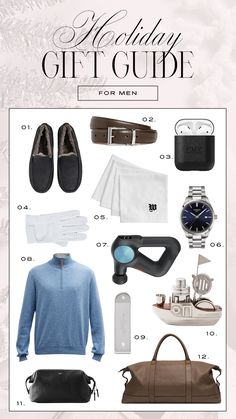 the holiday gift guide for men is shown in white and black, with blue accents