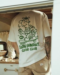 Slow Sundays Graphic T-Shirt | Men's T-Shirts – P&Co USA White T Shirt Graphic, T-shirt Company, Men’s Graphic T Shirts, Hand Drawn T-shirt Design, Drawn On Shirt, Screen Print Tee, Merch T Shirt Design, Screen Print Tshirt Design, T Shirt Design Ideas Screen Printing