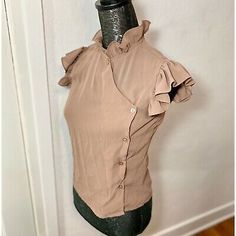 Momentum Women’s Vintage Mocha Semi-Sheer Ruffle Short Sleeve Blouse Sz 2 | eBay Blouse Collar, Button Down Blouse, Brown Ruffled Blouse For Work, Vintage Fashion Ruffled Blouse, Elegant Brown Blouse With Ruffles, Chic Brown Ruffled Blouse, Brown Ruffled Short Sleeve Blouse, Vintage Brown Tops With Ruffles, Vintage Brown Top With Ruffles