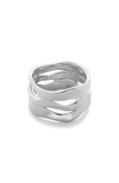 Undulate bands of recycled sterling silver wrap around your finger, mimicking the ocean's waves in this simple yet stunning handcrafted ring. Exclusive US retailer Recycled sterling silver Imported Recipient of the Butterfly Mark certification, which identifies luxury brands that adhere to social and environmental best practices This brand meets Nordstrom Responsible Brands criteria: brand adheres to responsible social and environmental practices Wave Band Ring, Modern Wavy Silver Jewelry, Modern Silver Wavy Rings, Modern Wavy Rings With Polished Finish, Silver Rings Wave, Monica Vinader Essential Bangle, Monica Vinader Siren Ring, Triple Band Ring, Handcrafted Rings