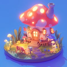 a mushroom house is lit up in the night with bright lights on it's roof